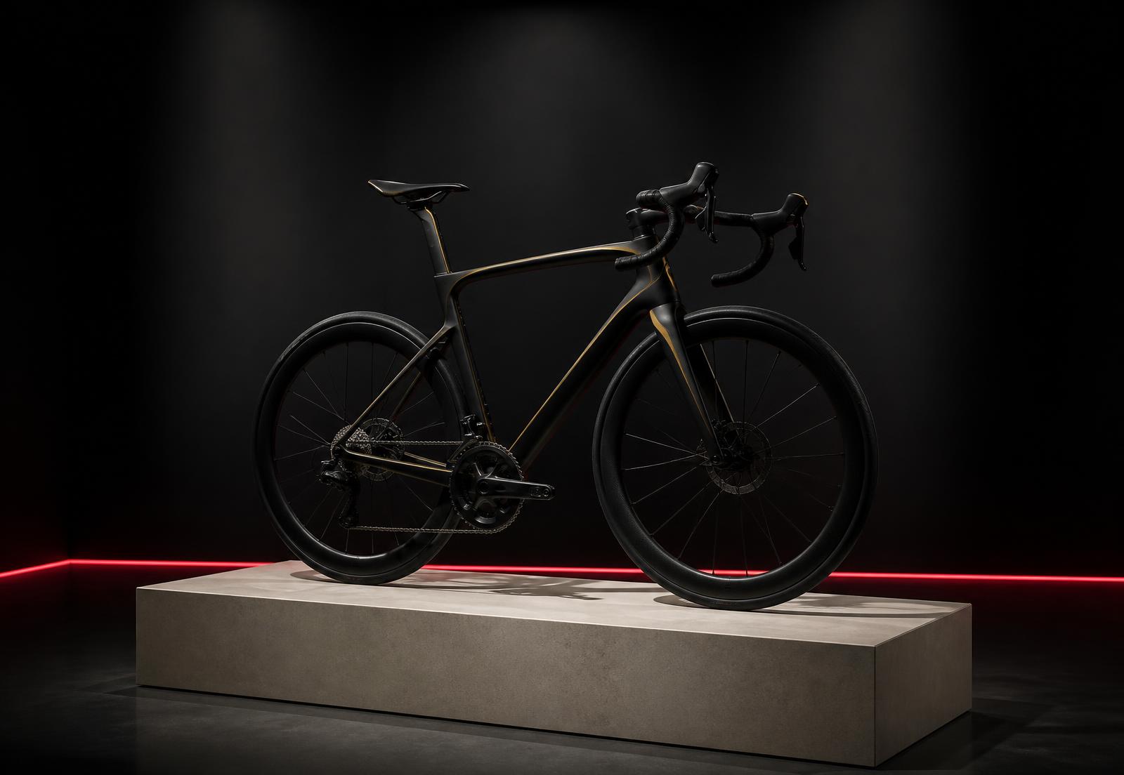 A carbon Factor OSTRO VAM presented as a gallery sculpture on a lit plinth